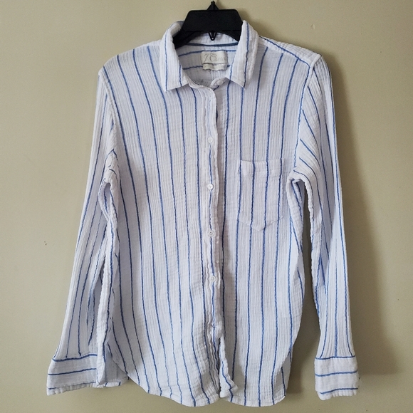 J. Crew Pinstripe White Blue Button Down Cotton Gauze Size 12 - Picture 2 of 9